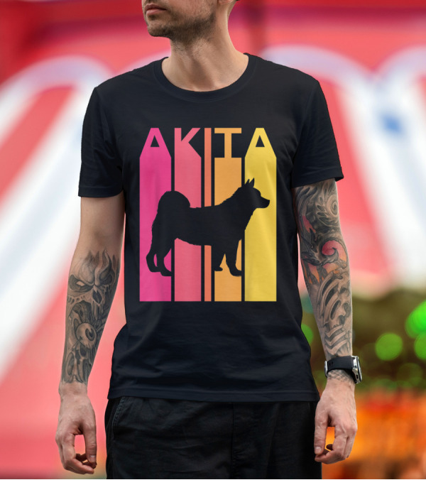 Premium T-Shirt: Akita Silhouette in Vintage Retro Color Bars T-Shirt Akita Silhouette in Vintage Retro Color Bars T-Shirt