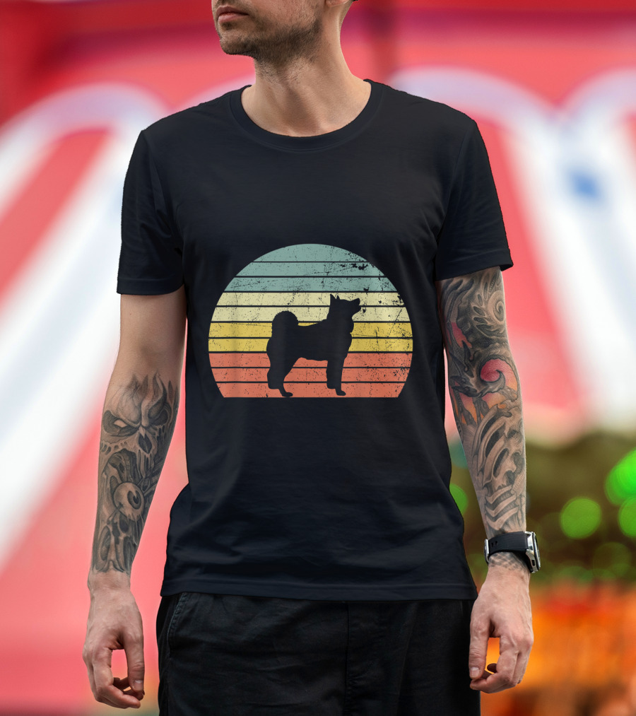 Akita Vintage Dog Silhouette Retro Sunset Stripes T-Shirt