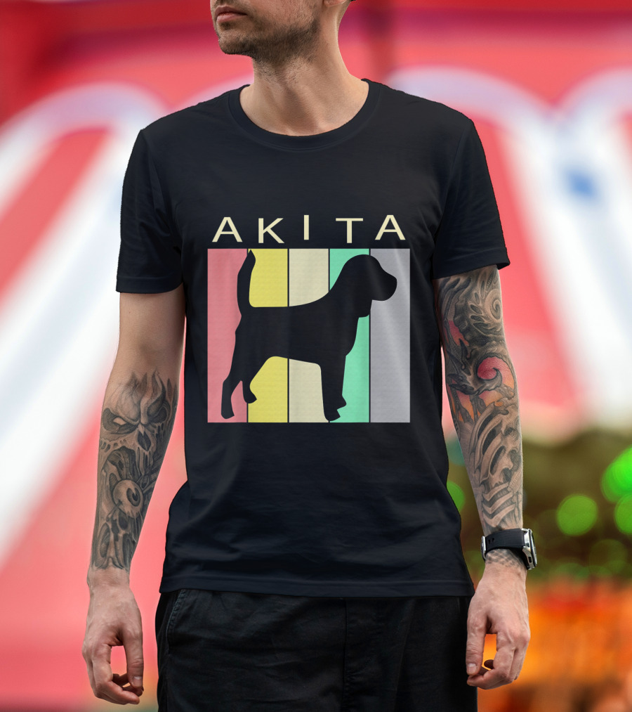 Akita Silhouette on Retro Striped Background for Dog Lovers T-Shirt