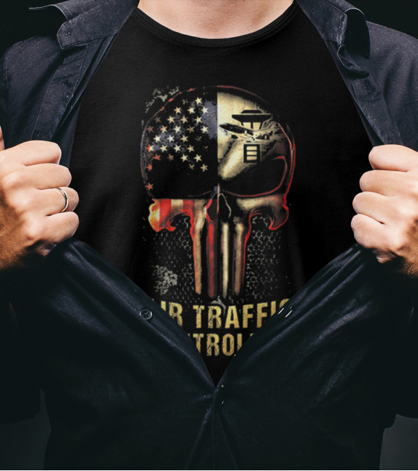 Air Traffic Controller Skull American Flag And ATC Tower T-Shirt