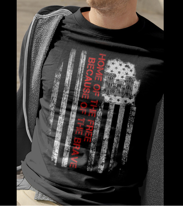 Combat Engineer Home Of The Free Because Of The Brave Flag With Military Castle Emblem T-Shirt