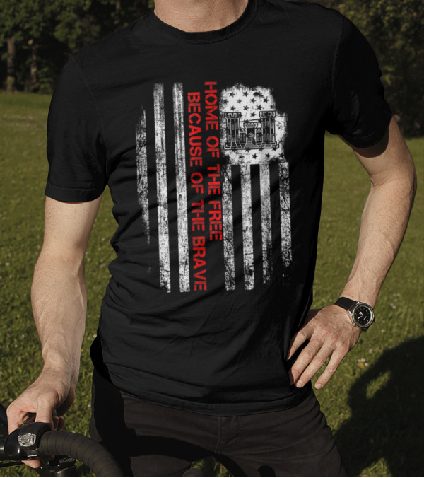 Combat Engineer Home Of The Free Because Of The Brave Flag With Military Castle Emblem T-Shirt
