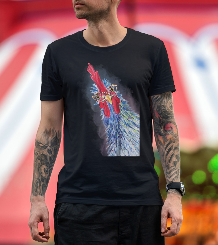 Whimsical Chicken Portrait with Glasses Featuring Colorful Hen Roos T-Shirt