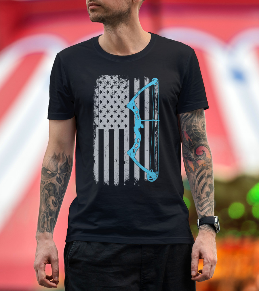 American Flag and Blue Compound Bow Archery Bowhunter T-Shirt