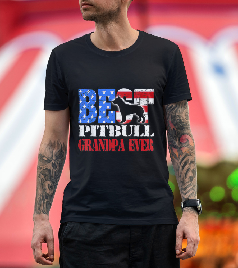 Best Pitbull Grandpa Ever Patriotic American Flag Dog T-Shirt