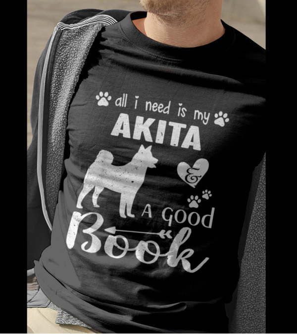All I Need Is My Akita And A Good Book With Paw Prints And Heart Accents T-Shirt