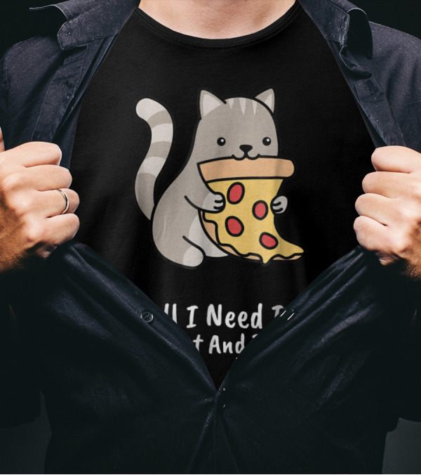 All I Need Is My Cat And Pizza Cartoon Cat Slice Humor T-Shirt