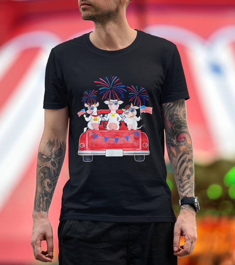 Funny Patriotic Cows with Fireworks and American Flags in Red Pickup Truck T-Shirt