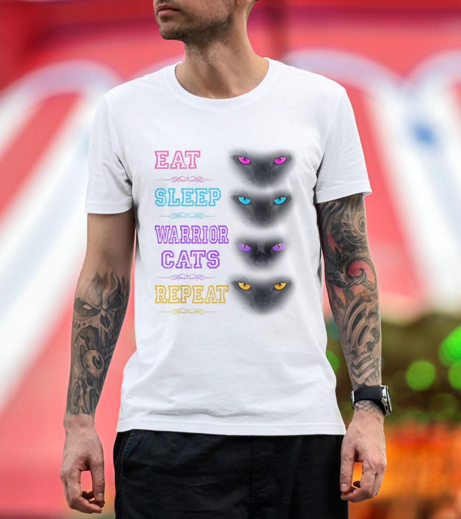 Eat Sleep Warrior Cats Repeat Funny Cat Love Colorful Eyes Black Cat Faces T-Shirt