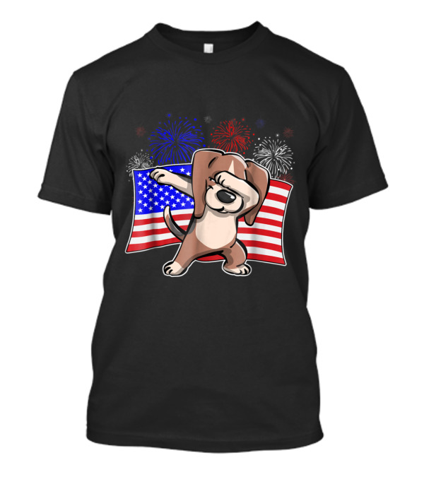 Dabbing Beagle Celebrating Independence Day With American Flag And Colorful Fireworks T-Shirt