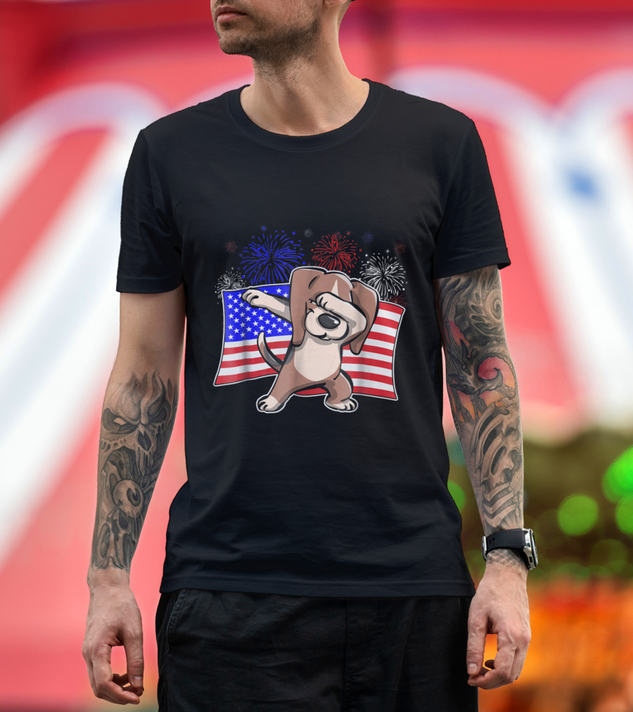 Dabbing Beagle Celebrating Independence Day with American Flag and Colorful Fireworks T-Shirt