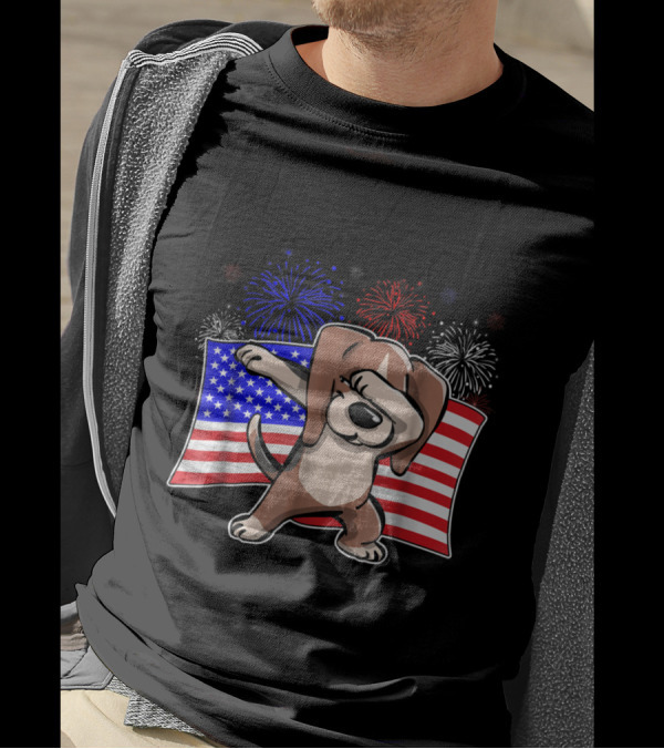 Dabbing Beagle Celebrating Independence Day With American Flag And Colorful Fireworks T-Shirt