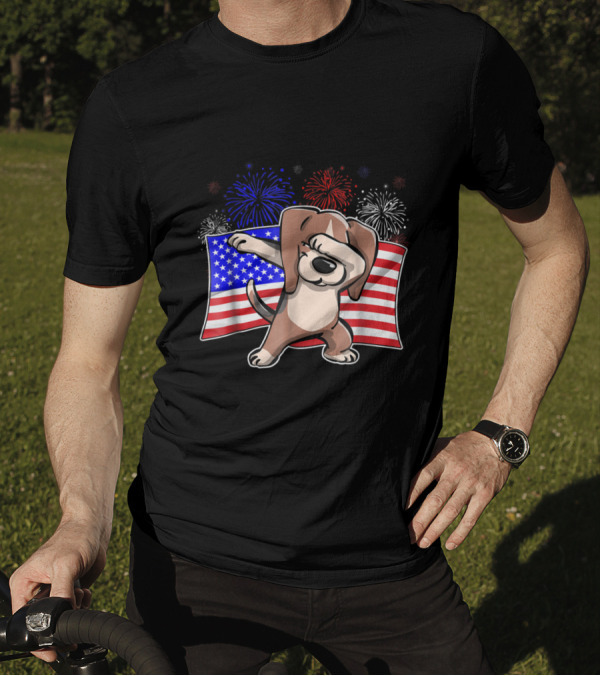 Dabbing Beagle Celebrating Independence Day With American Flag And Colorful Fireworks T-Shirt