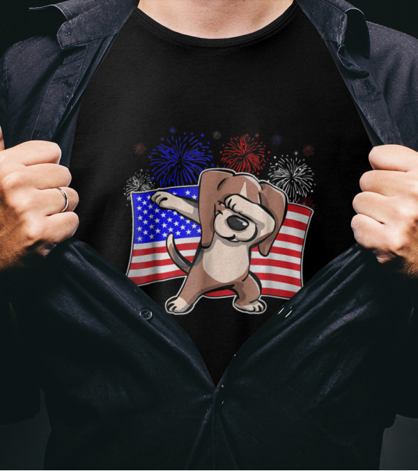 Dabbing Beagle Celebrating Independence Day With American Flag And Colorful Fireworks T-Shirt