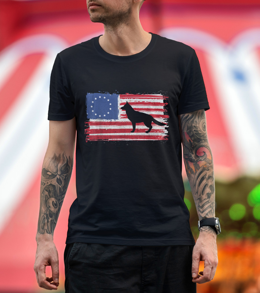 Betsy Ross Flag with German Shepherd Silhouette on American Colors T-Shirt