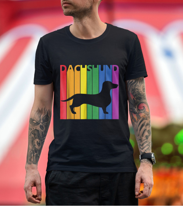 Premium T-Shirt: Dachshund Silhouette Over Rainbow Stripes Colorful T-Shirt Dachshund Silhouette Over Rainbow Stripes Colorful T-Shirt
