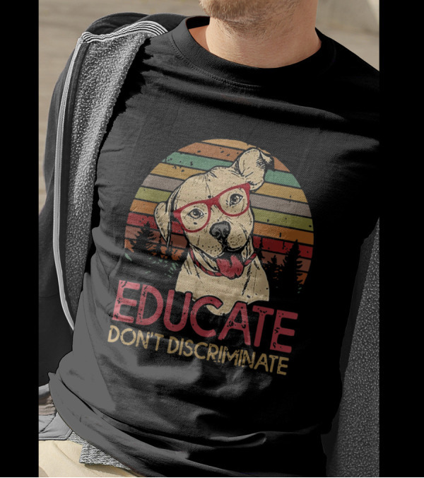 Educate Don't Discriminate Pitbull Retro Style Glasses Forest Stripes T-Shirt