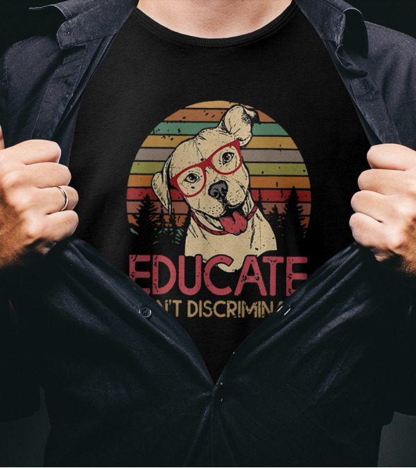 Educate Don't Discriminate Pitbull Retro Style Glasses Forest Stripes T-Shirt
