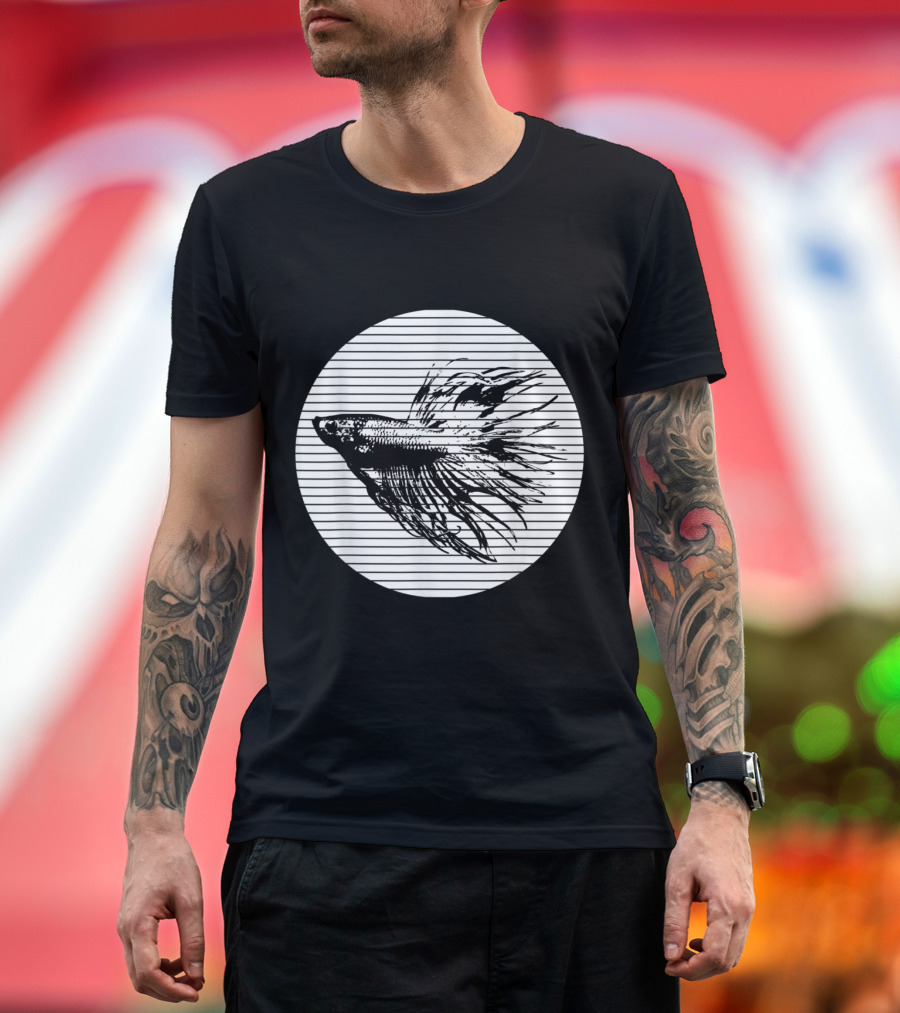 Betta Splendens Siamese Fig Fish with Striped Circle Background T-Shirt
