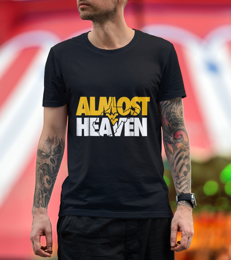 West Virginia Almost Heaven Gold and White Graphic With State Silhouette and WVU T-Shirt