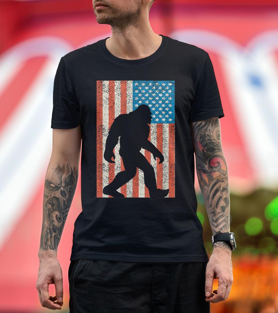 Bigfoot Sasquatch Silhouette with American Flag Background I Believe USA T-Shirt