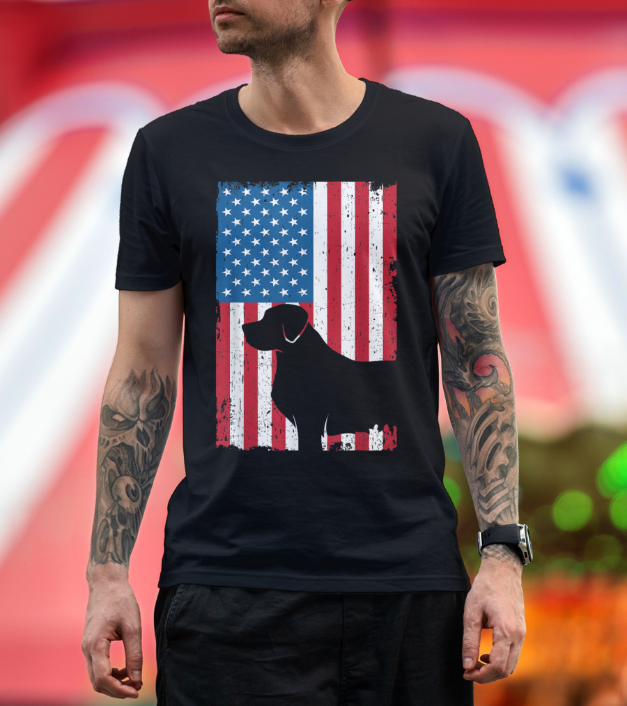 Golden Retriever Silhouette on Vintage American Flag Patriotic T-Shirt