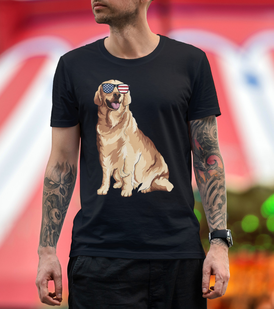 Golden Retriever Wearing American Flag Sunglasses Patriotic Dog T-Shirt