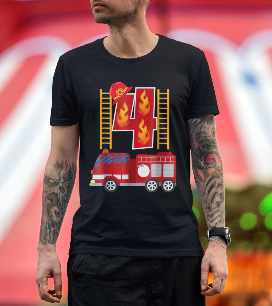 Number 4 Firefighter Birthday with Fire Truck and Flame Decorations T-Shirt