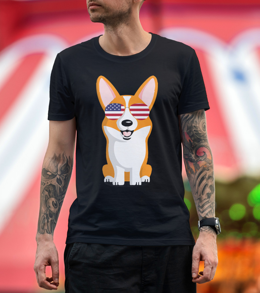 Corgi Wearing American Flag Sunglasses Patriotic T-Shirt