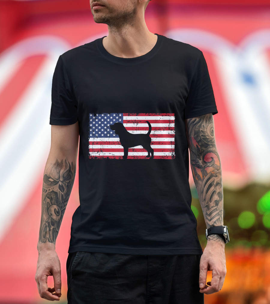 Beagle Silhouette on American Flag Patriotic Dog Lover 4th of July T-Shirt