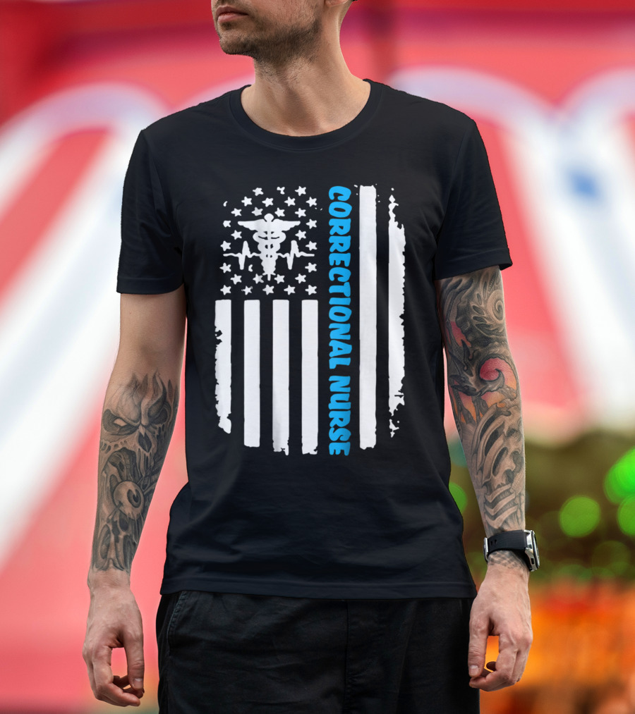 Correctional Nurse Blue Line Distressed American Flag with Medical T-Shirt