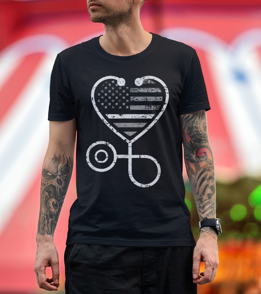 Corrections Nurse Thin Grey Line Heart Stethoscope American Flag T-Shirt