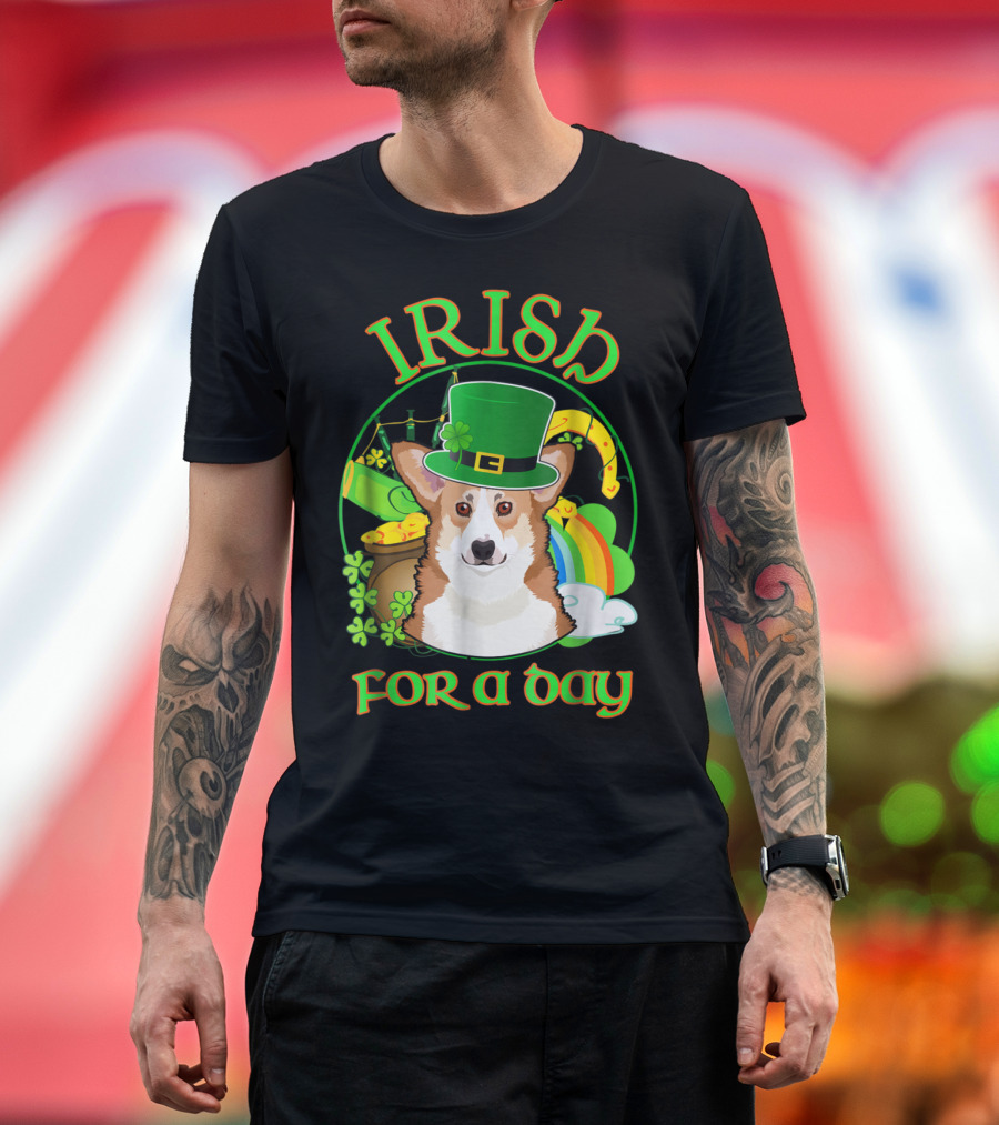 Irish For A Day Pembroke Welsh Corgi St Patrick's Celebration with Shamrocks and Rainbow T-Shirt