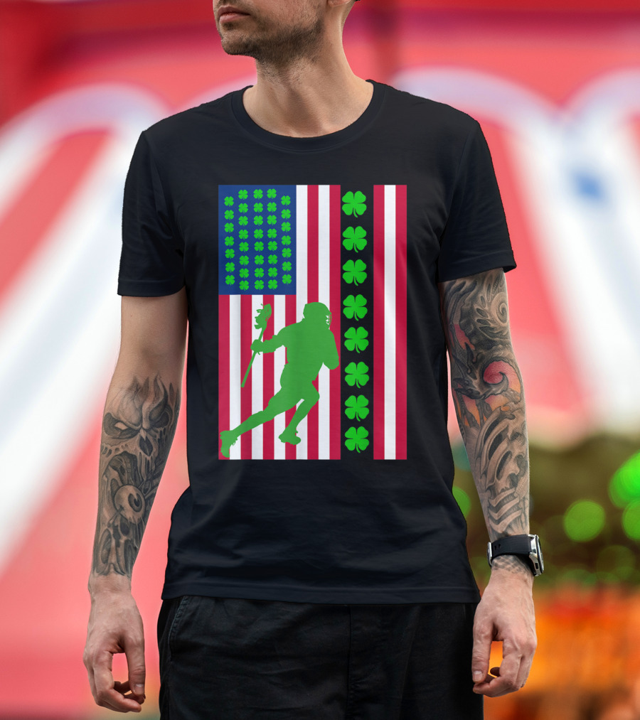 Irish Lacrosse American Flag Shamrock Pattern with Green Player T-Shirt