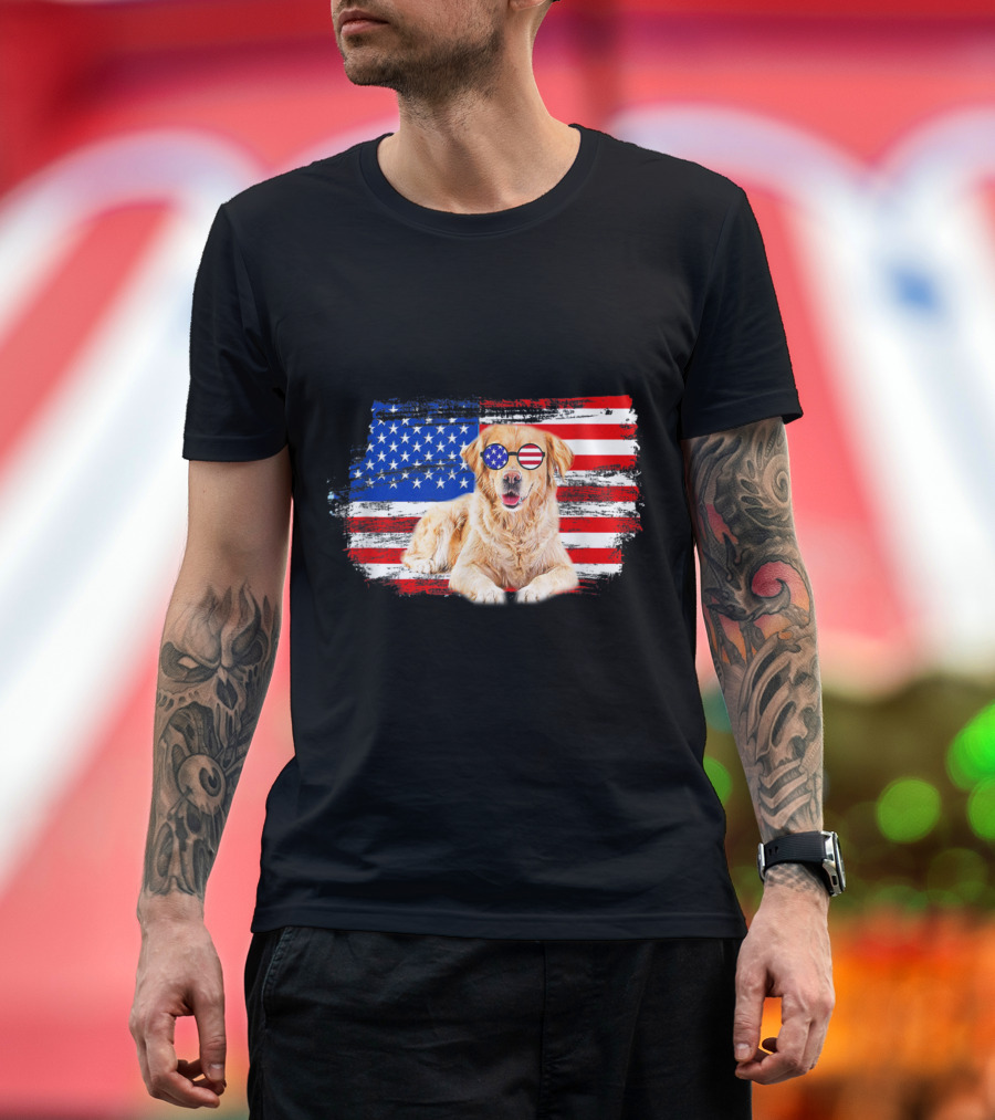 Golden Retriever with American Flag Glasses on 4th of July Background T-Shirt