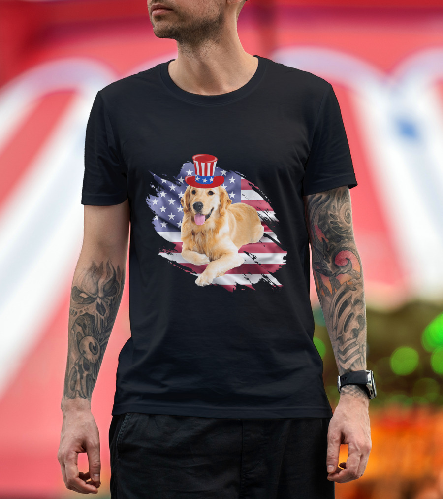 Golden Retriever with American Flag and Uncle Sam Hat T-Shirt