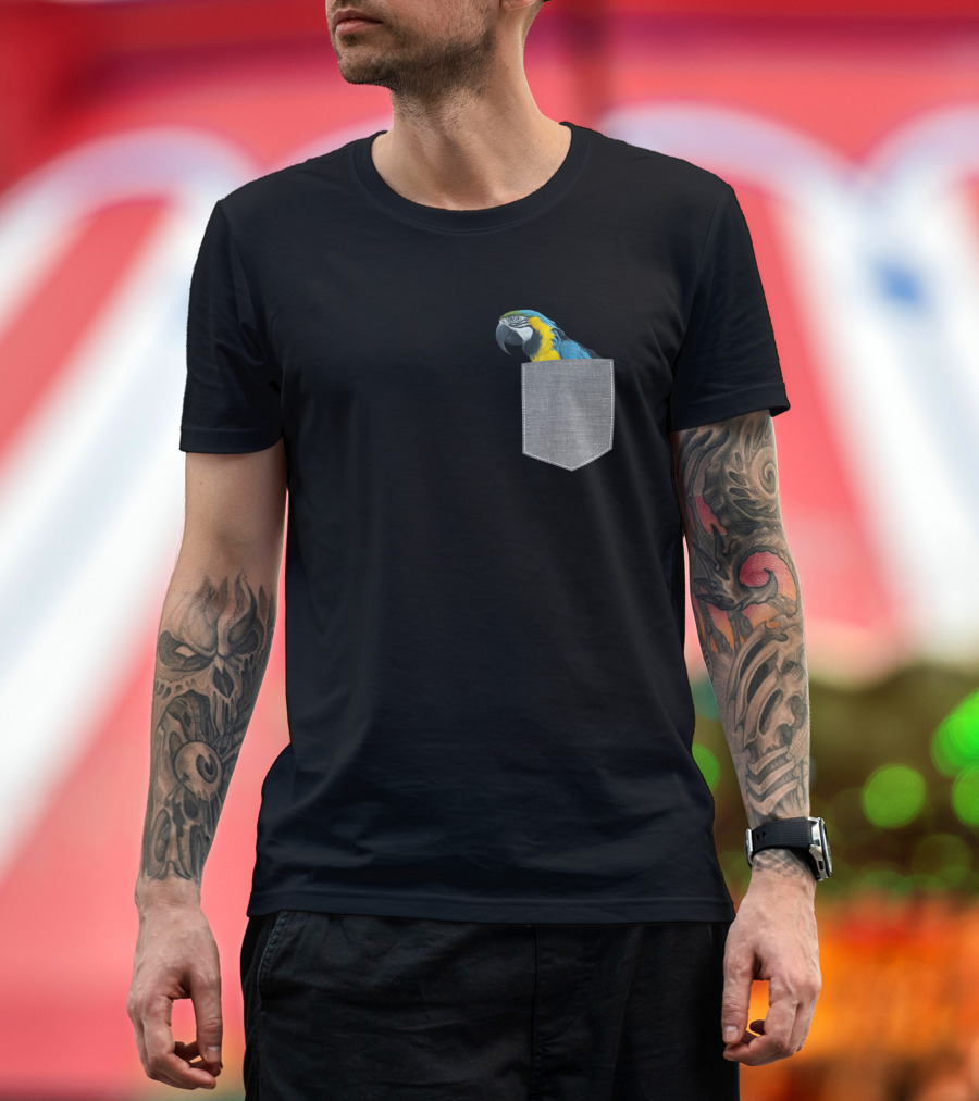 Parrot Macaw Peeking from Pocket Blue and Gold T-Shirt
