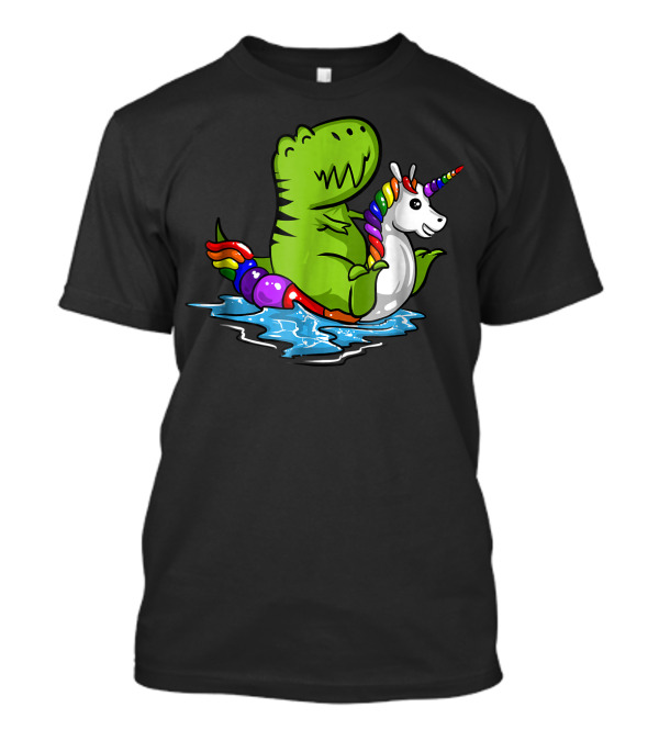 T Rex Dinosaur On Rainbow Unicorn Pool Float In Water T-Shirt