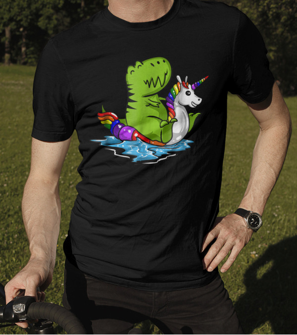 T Rex Dinosaur On Rainbow Unicorn Pool Float In Water T-Shirt
