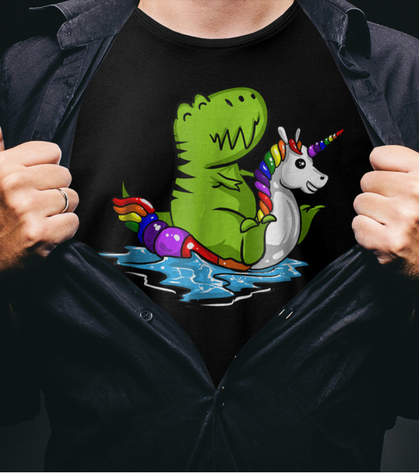 T Rex Dinosaur On Rainbow Unicorn Pool Float In Water T-Shirt