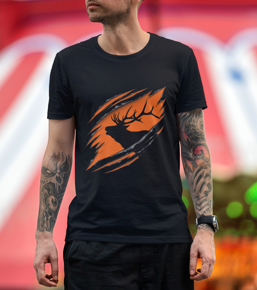Roaring Elk Silhouette Behind Orange Claw Marks Scene T-Shirt