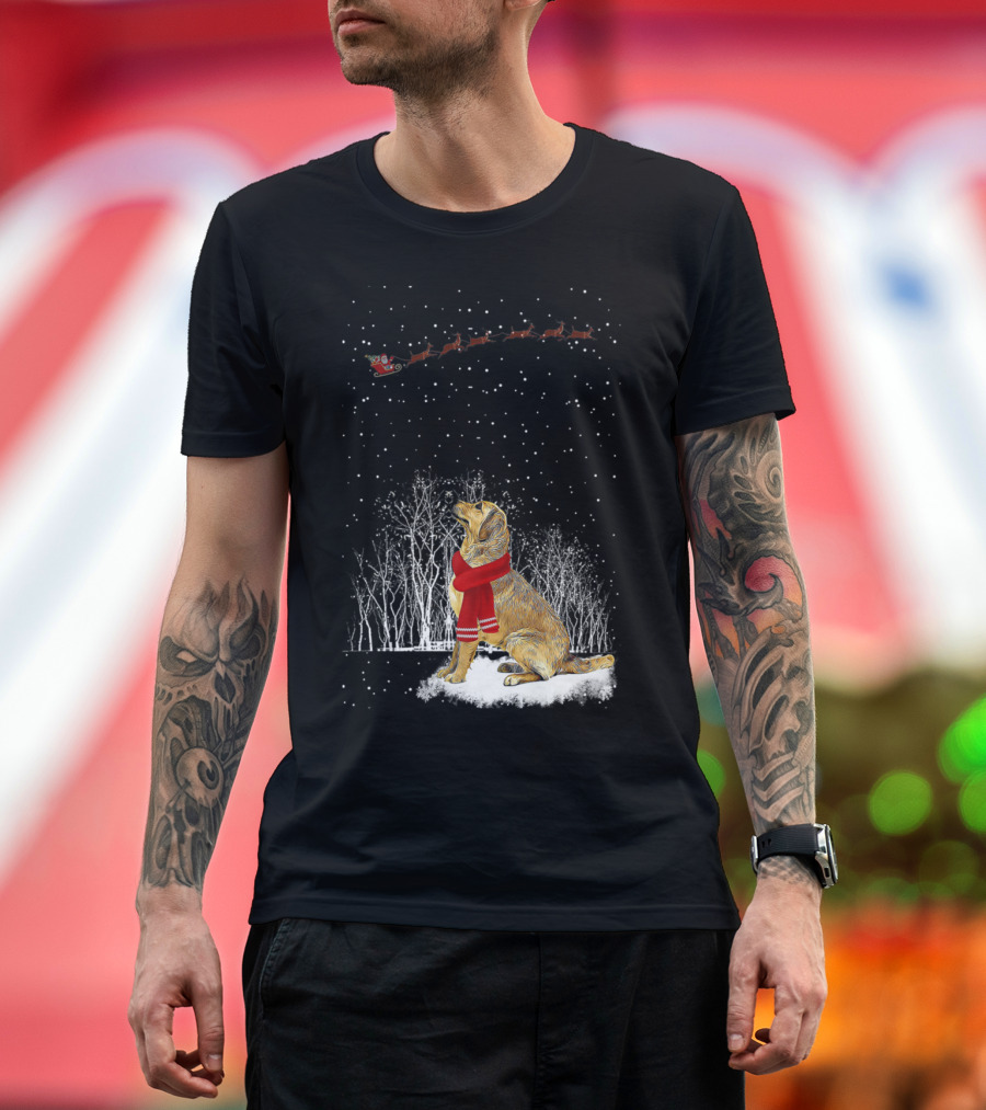 Golden Retriever with Scarf Watching Santa Sleigh in Snowy Forest Scene T-Shirt