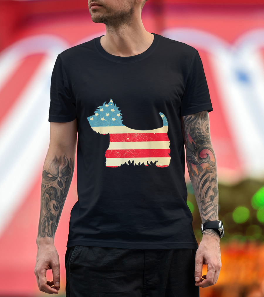 Vintage American Flag Westie Dog Silhouette 4th of July T-Shirt
