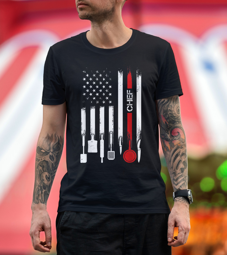 American Flag with Chef Utensils Vertical Stripes T-Shirt