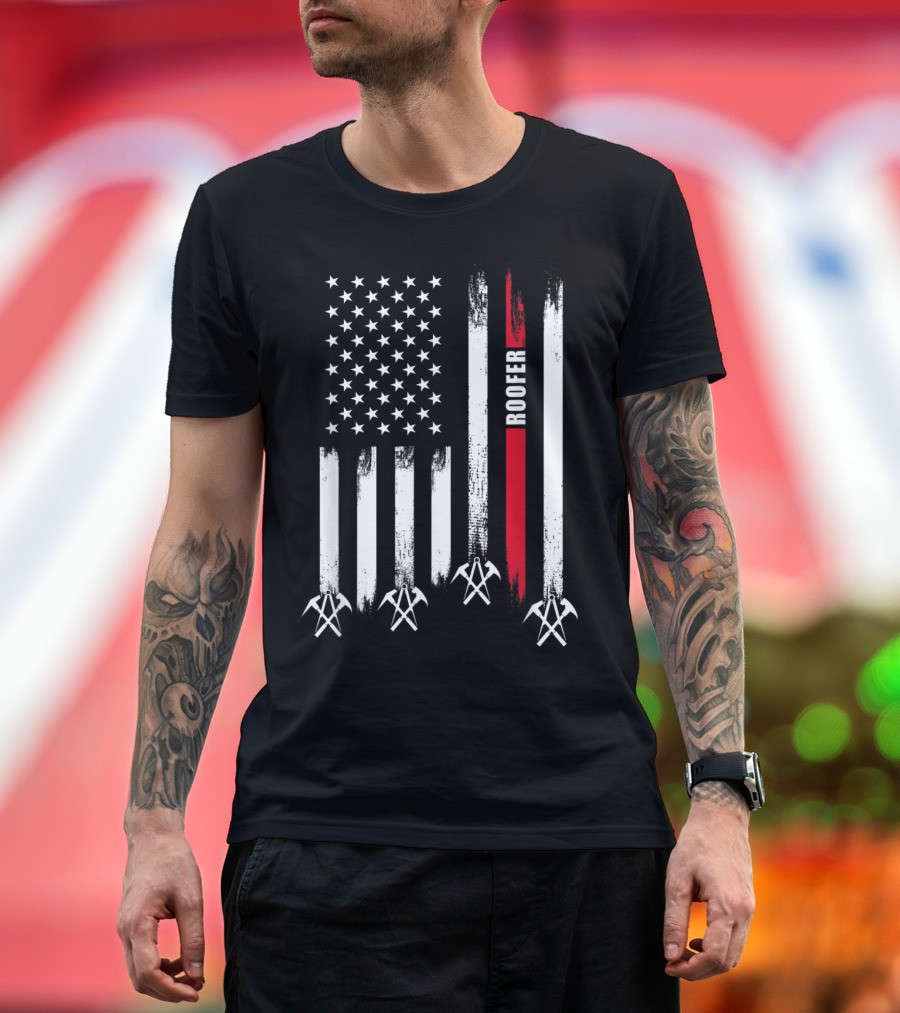 Roofer Pride American Flag with Roofing Tools T-Shirt