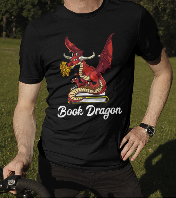 Book Dragon Fire-Breathing Funny Reading Lover Geek Nerd Lib T-Shirt