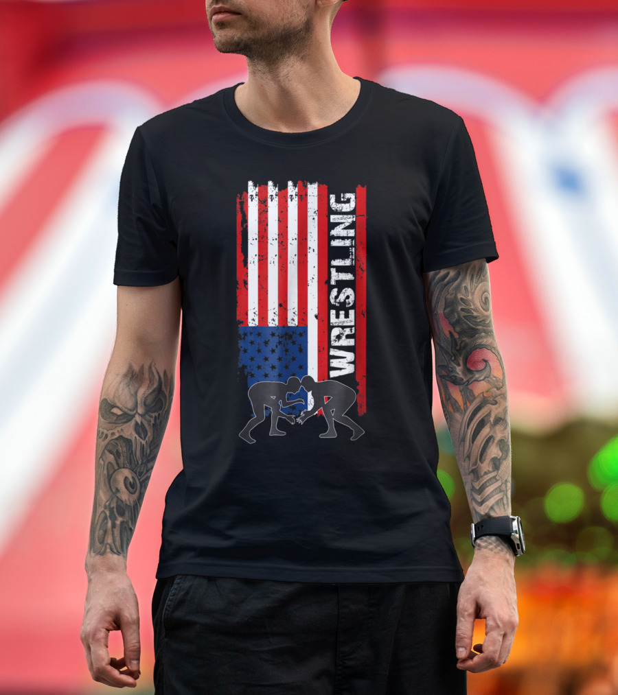 Wrestling Silhouettes on Distressed American Flag USA Sporting Pride T-Shirt