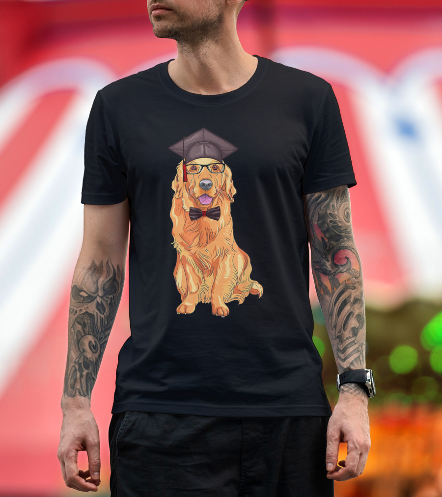 Golden Retriever Graduation Cap Glasses Bow Tie Happy Dog T-Shirt