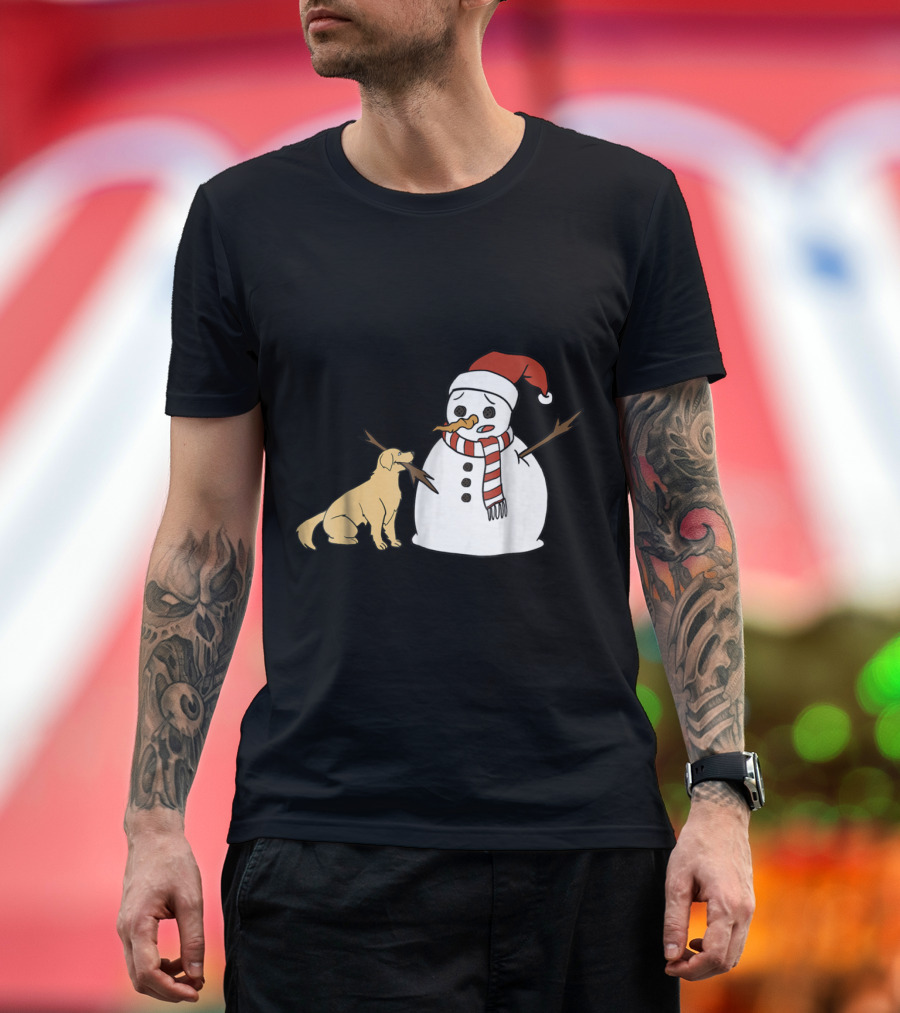 Golden Retriever Playfully Interacting With Snowman Wearing Santa Hat and Scarf T-Shirt