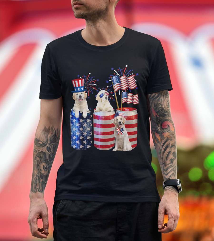 Golden Retrievers with Patriotic American Flags and Fireworks T-Shirt